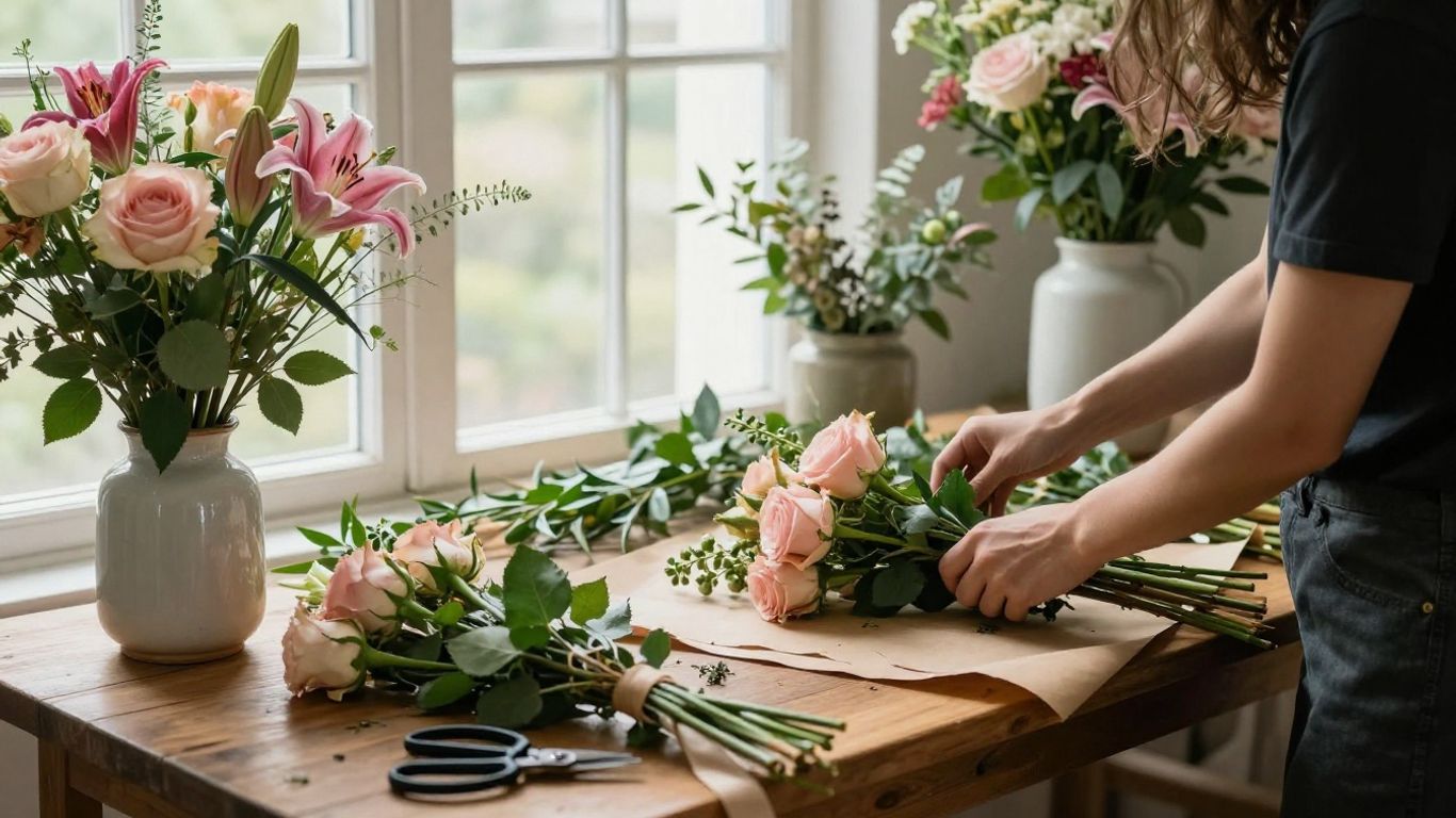 Florist arranging fresh romantic flowers on a worktable