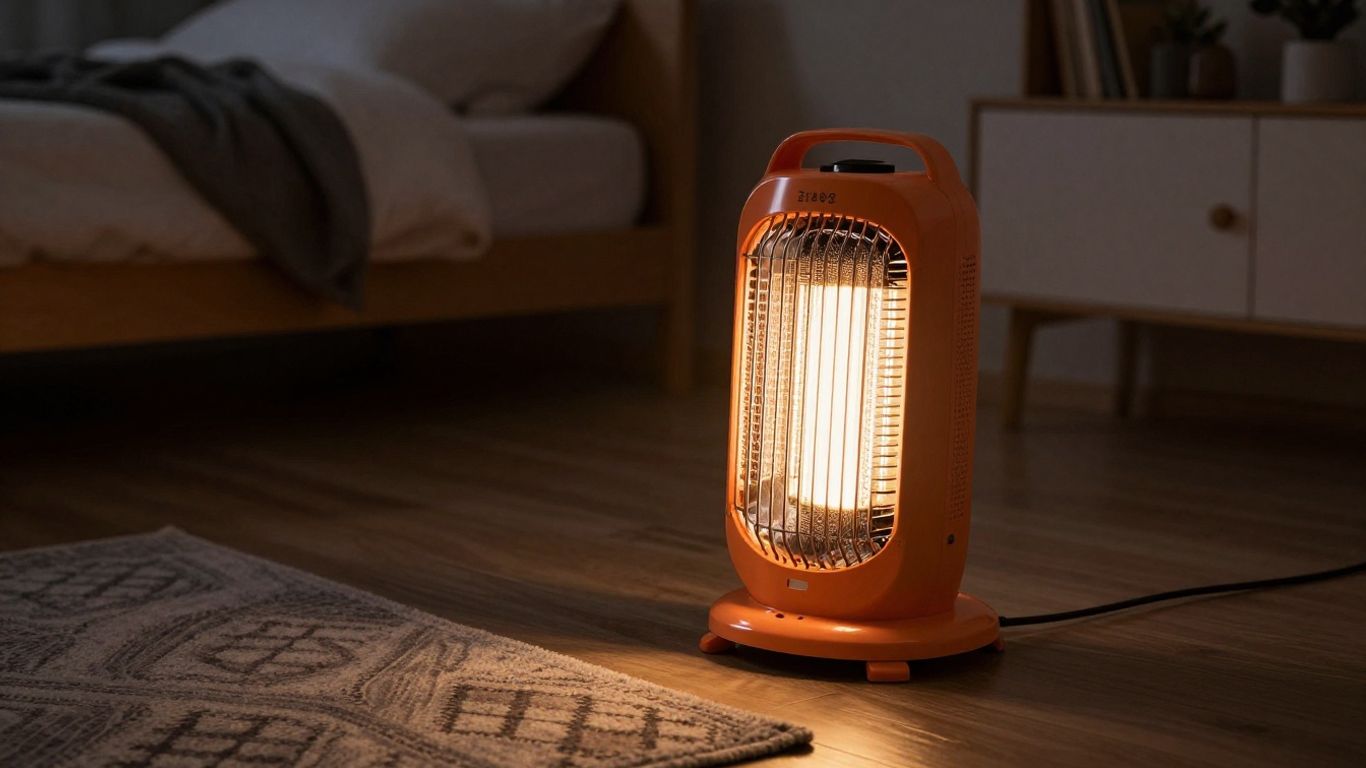 Radiateur d'appoint allumé dans une chambre sombre la nuit.