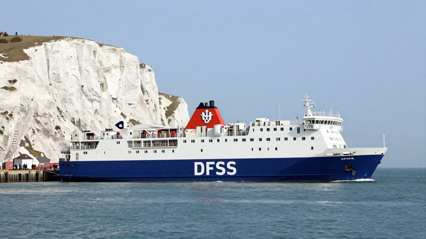 DFDS ferry at Dover port with white cliffs.