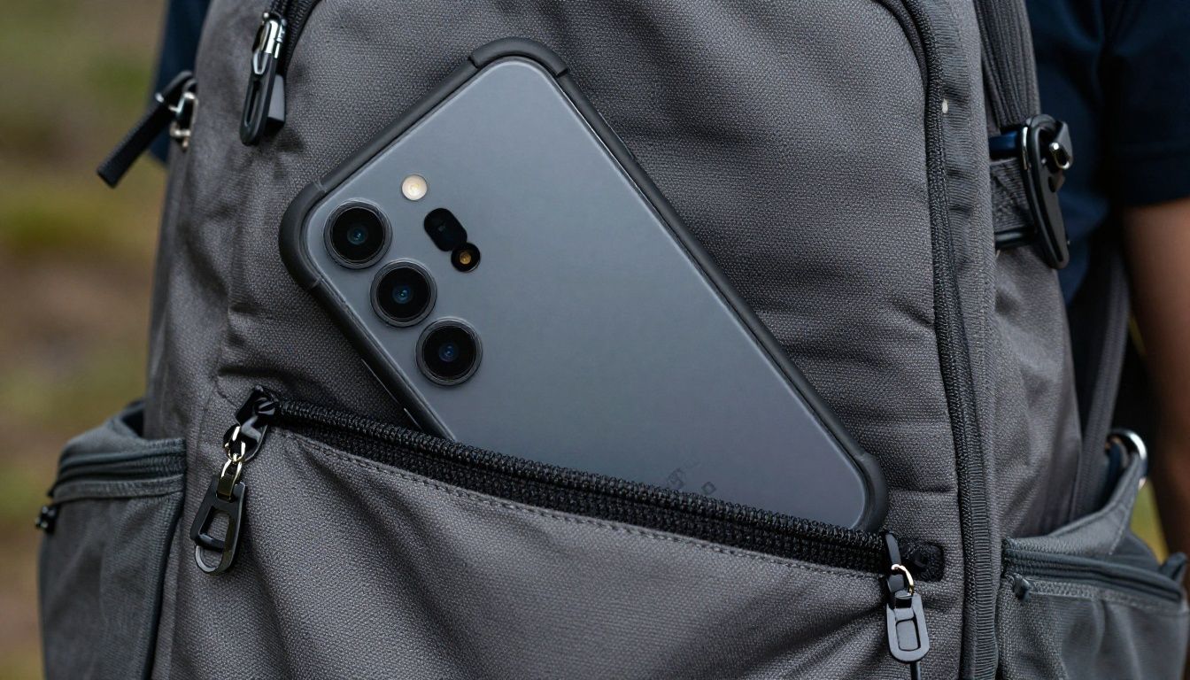 A person hiking in the Blue Mountains, taking their Galaxy S26 Ultra out of their backpack. The phone is in a rugged, heavy-duty case.