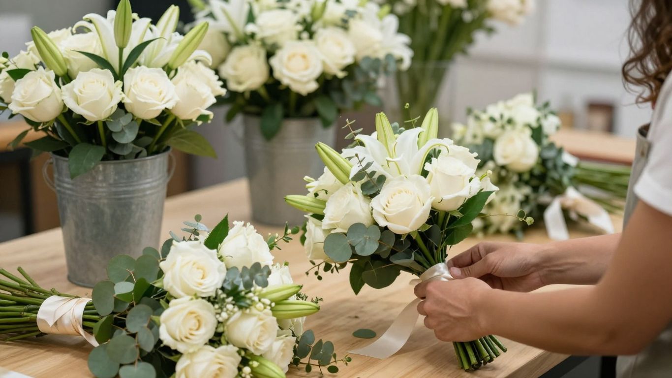 Florist preparing a respectful funeral flower arrangement