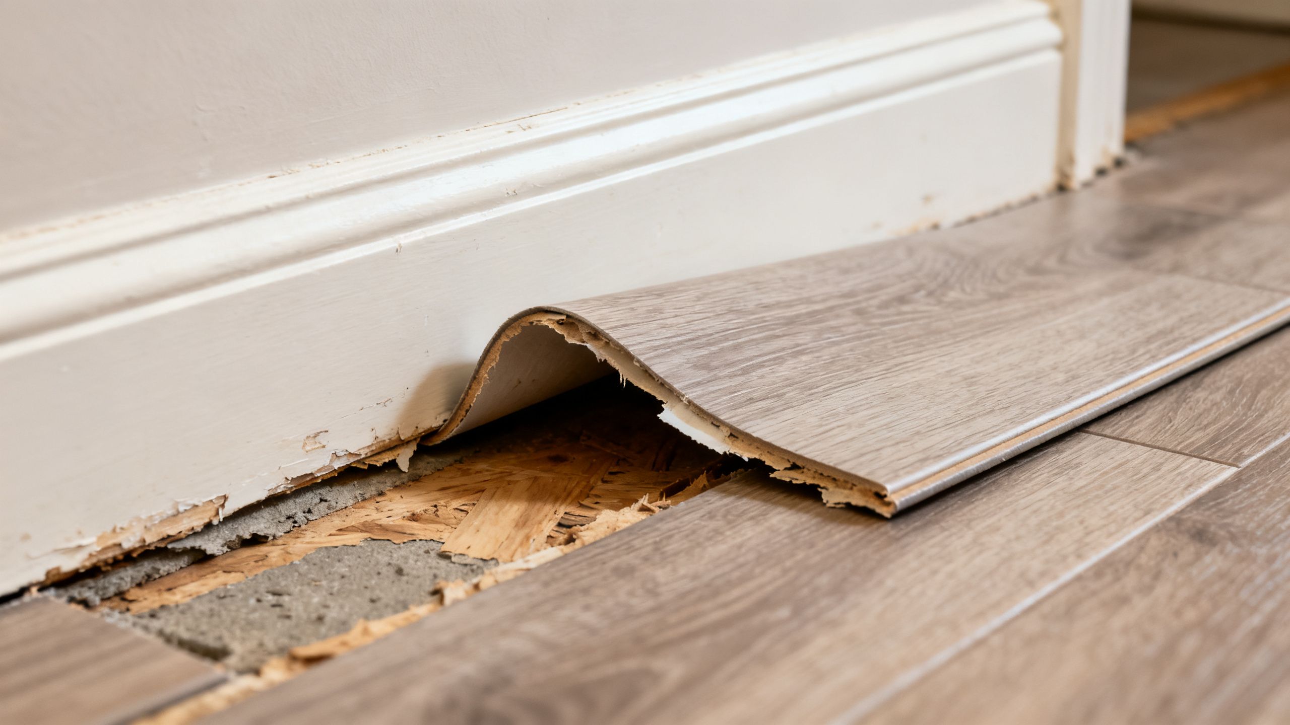 Close-up of vinyl flooring lifting and curling at the edge beside skirting in a Bristol home, showing the loose section and the subfloor beneath it