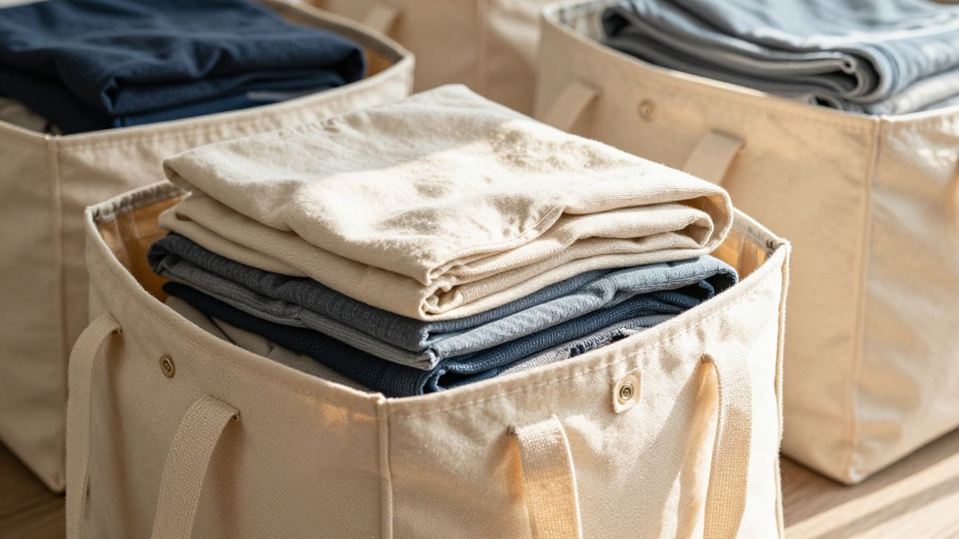 Durable canvas storage bags filled with folded clothes.
