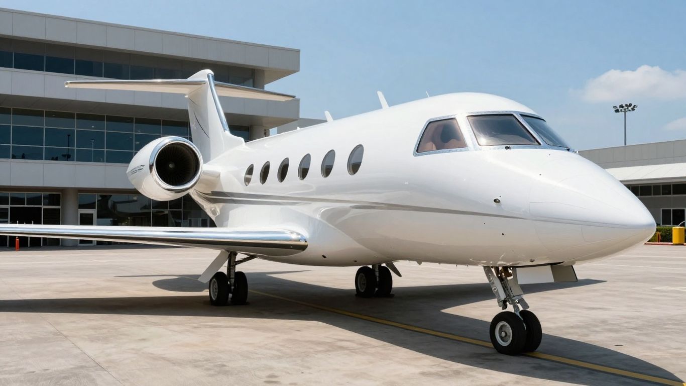 Sleek private jet on tarmac, luxury terminal background.