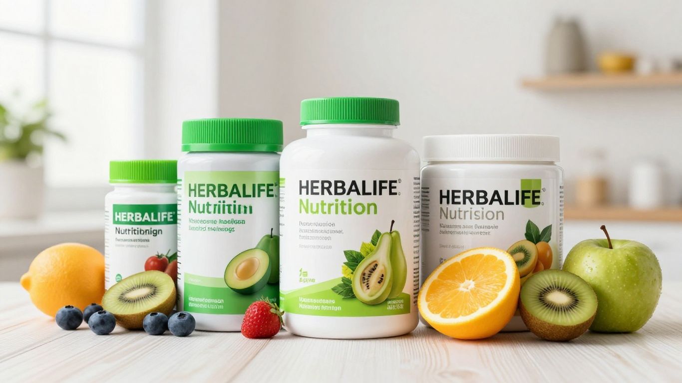 Herbalife products with fresh fruits and vegetables.