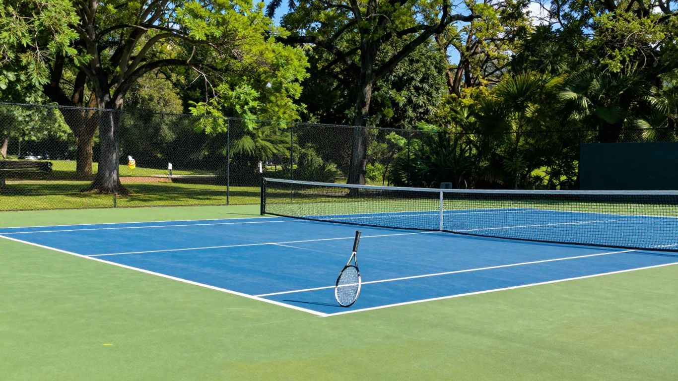 Tennis court at Discovery Park with racket on net.