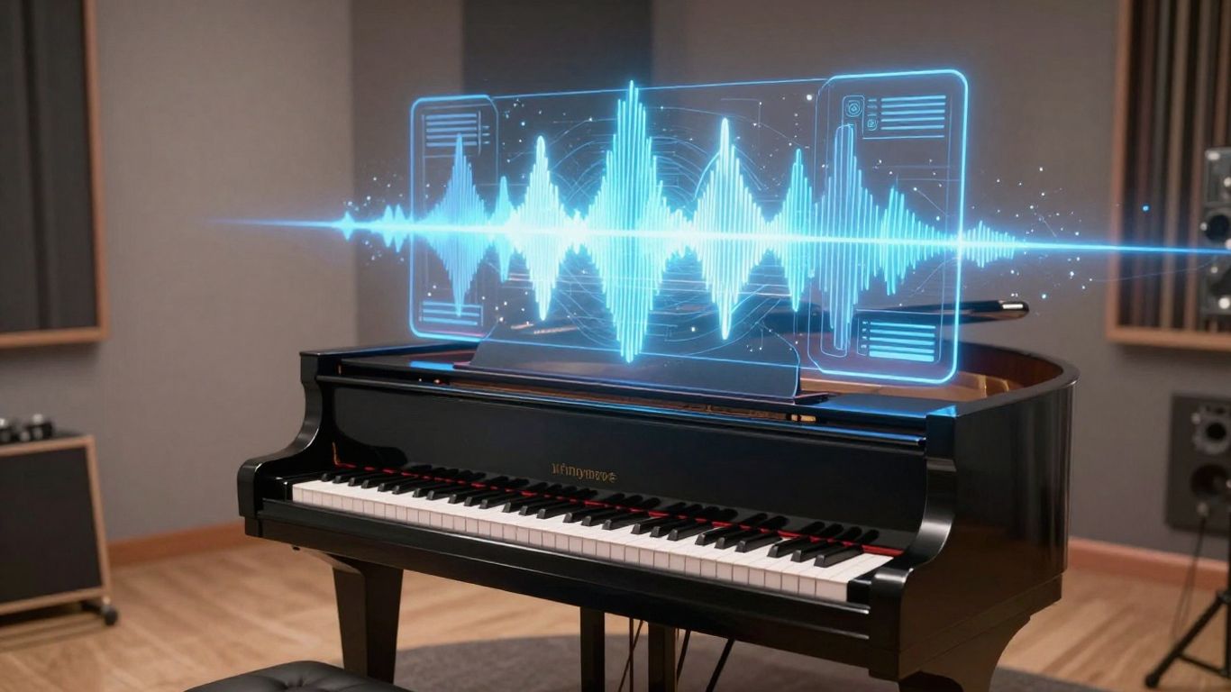 AI creating realistic music in a studio.