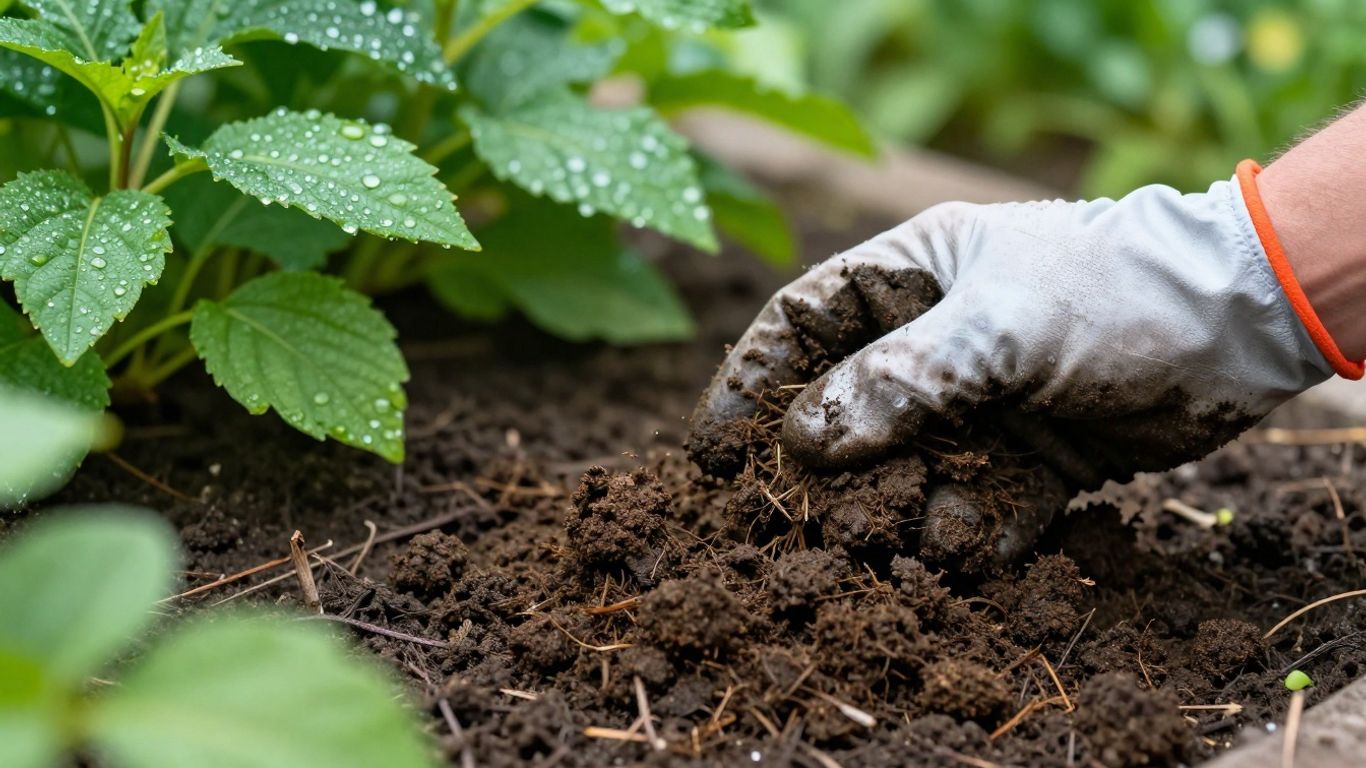 Mãos espalhando estrume de cavalo em solo fértil.