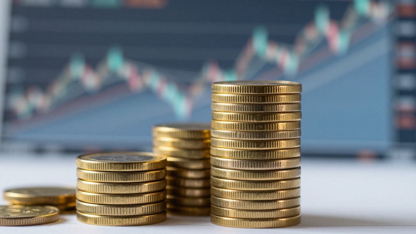 Stack of gold coins with blurred trading charts background.