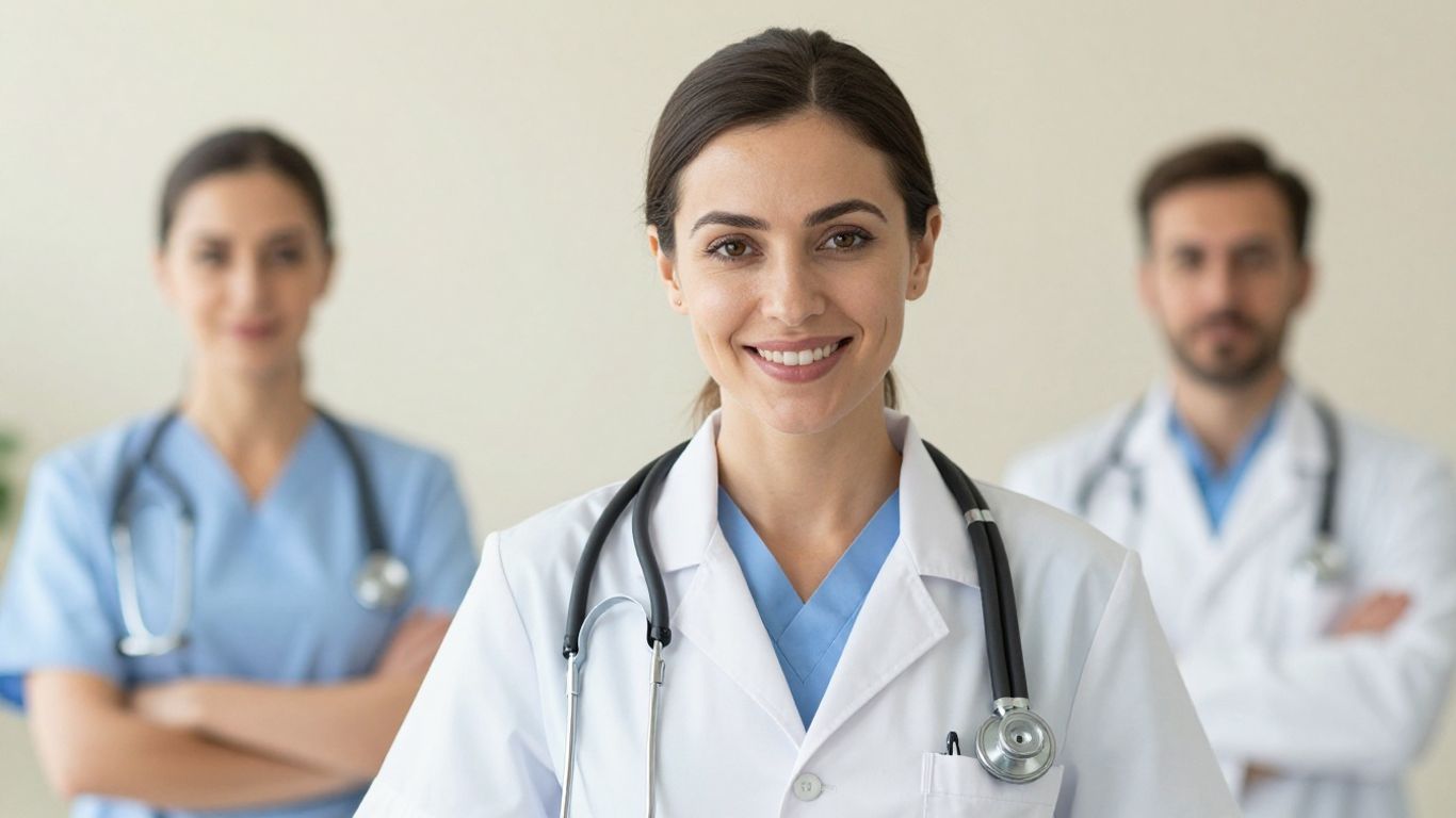 Woman in scrubs with stethoscope, ready for career advancement.