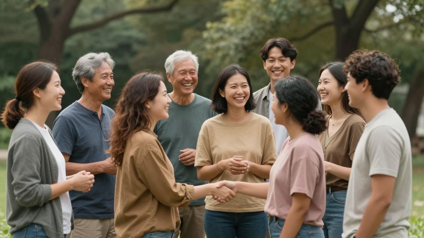 Oameni zâmbind și interacționând în comunitate.