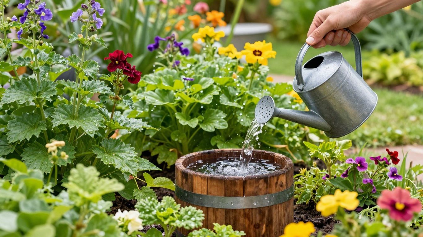 Rain barrel collecting water for garden use.