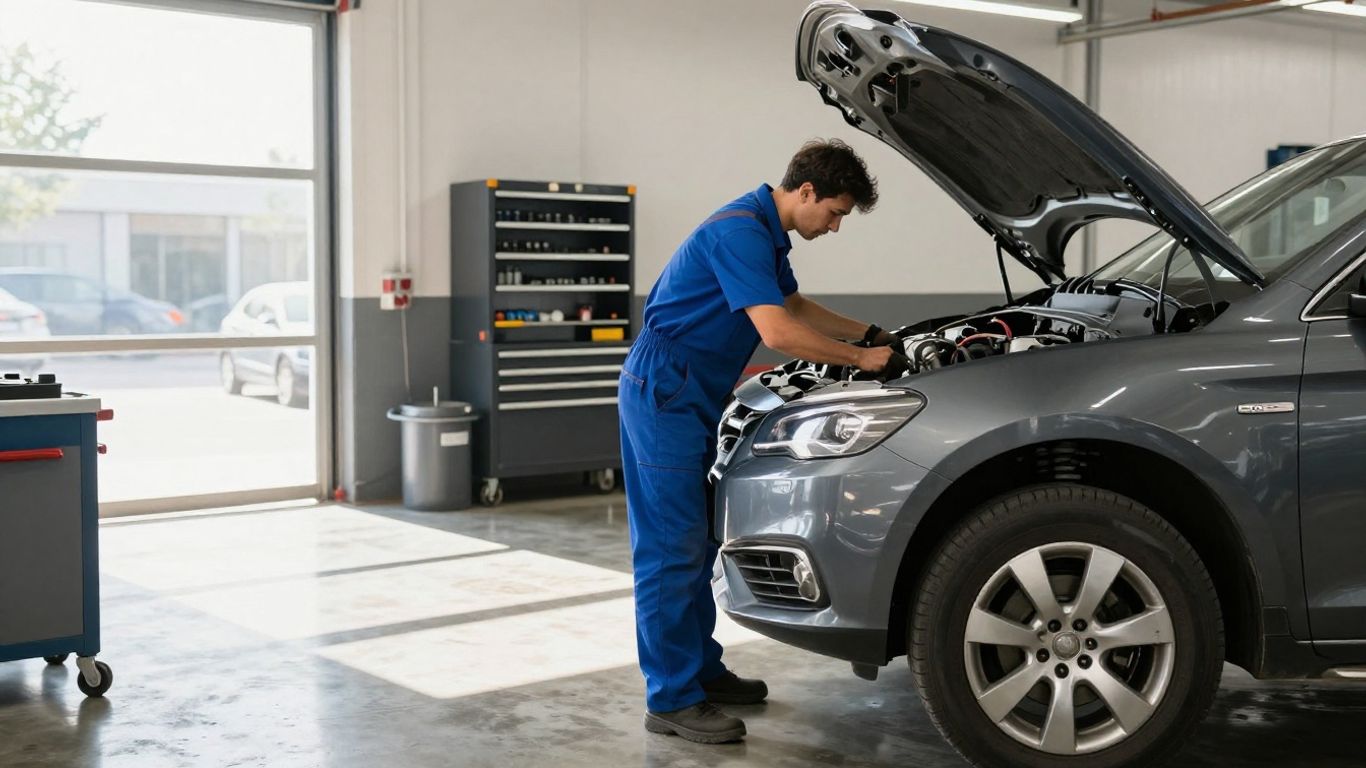 Mechanic working on car transmission in a workshop.