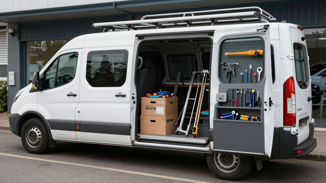 White work van parked beside small business premises