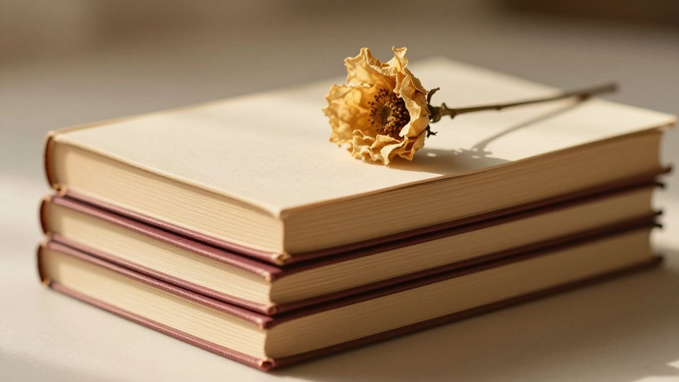 Cozy romance books with warm lighting and cream/red colors.