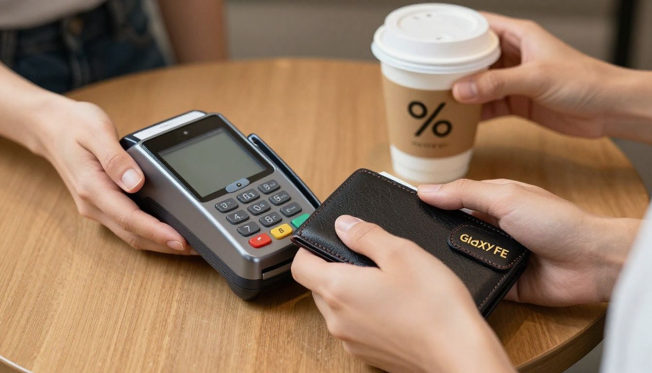 A person in a cafe paying for coffee by tapping their Galaxy S25 FE in a leather wallet case on the payment terminal.