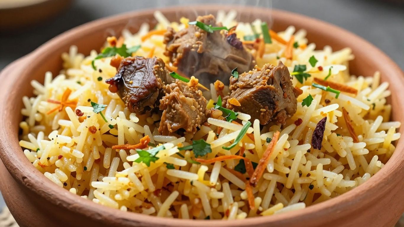 Steaming Meghana Biryani in a clay pot with spices.
