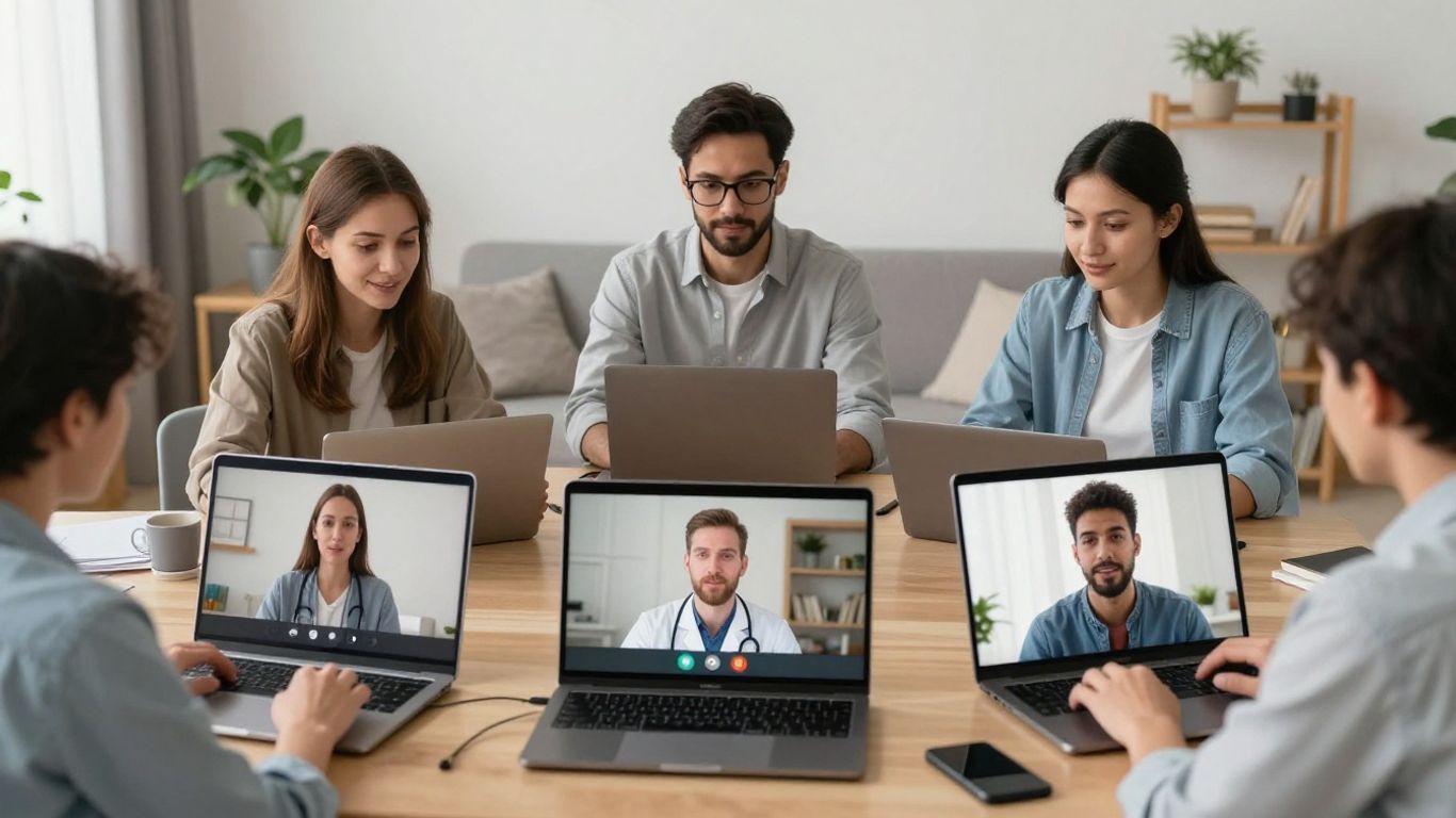 People using laptops and tablets for telemedicine appointments.