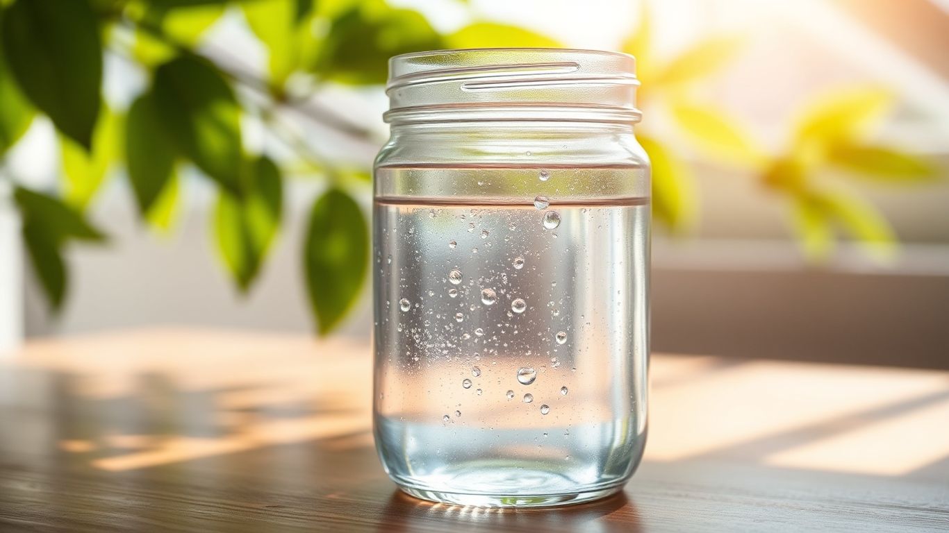 Rainwater in a glass jar with sunlight.