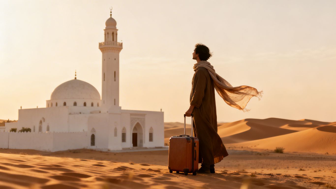 Traveler during Ramadan with suitcase, serene atmosphere.