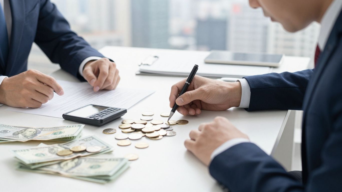 Person working, money scattered, cityscape background.