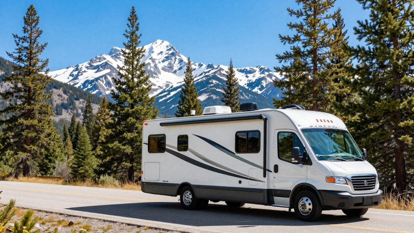 RV on scenic Canadian highway with mountains.