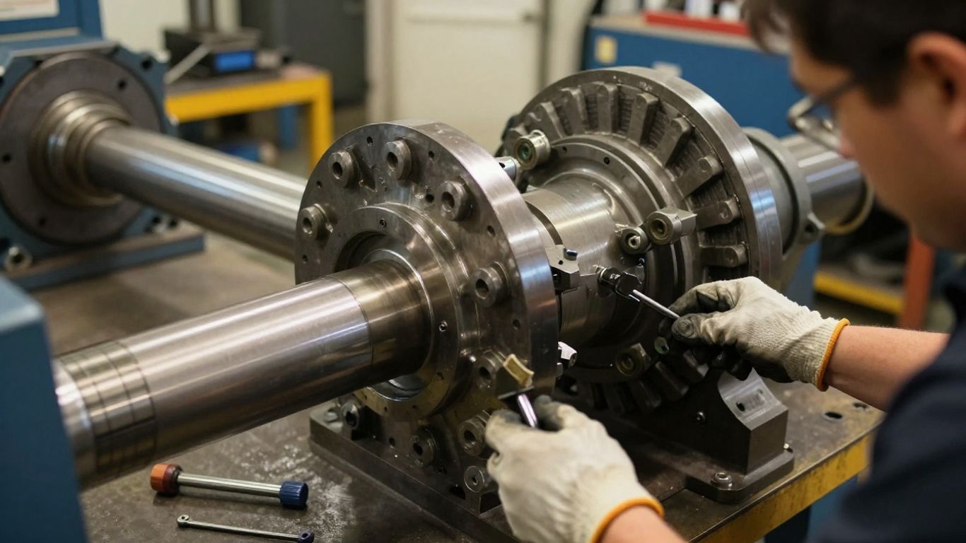 Technician installing gearbox machinery