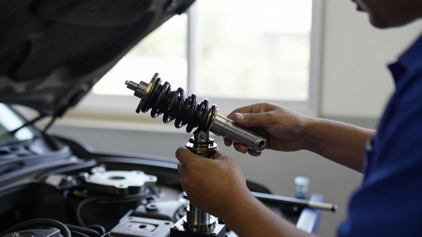 A technician inspecting automotive engine components in shop