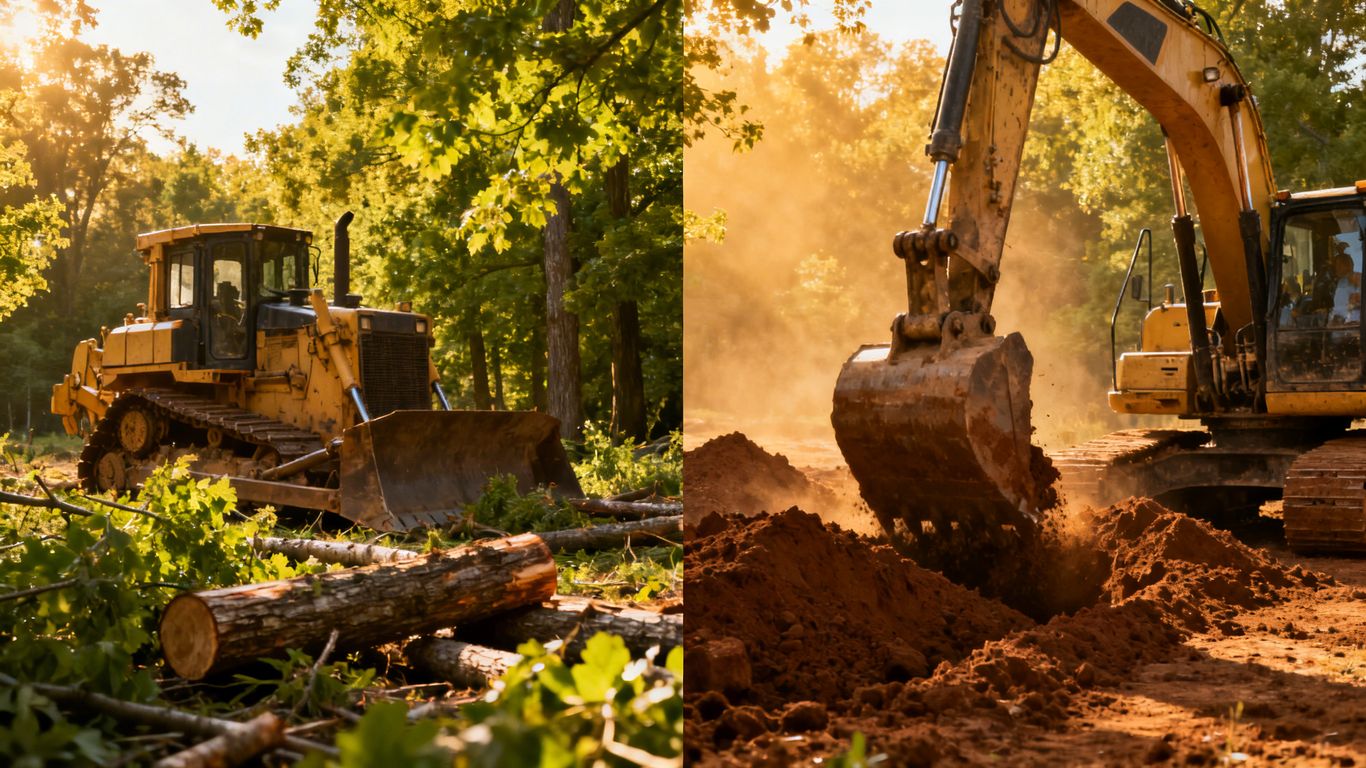 Bulldozer clearing trees, excavator digging earth.