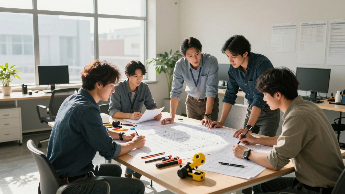 Roofers working together in a modern office.