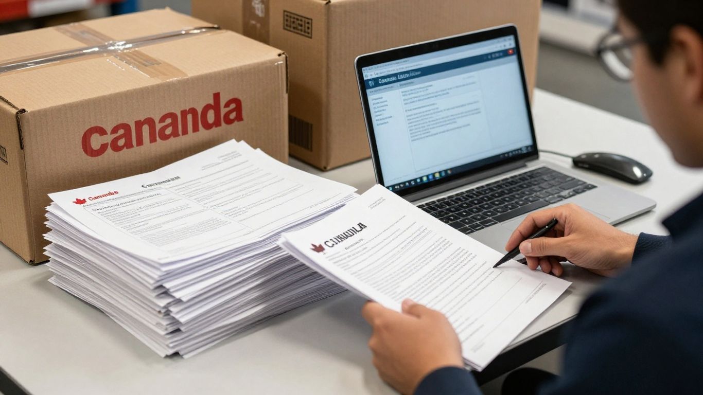 Customs paperwork beside sealed freight cartons