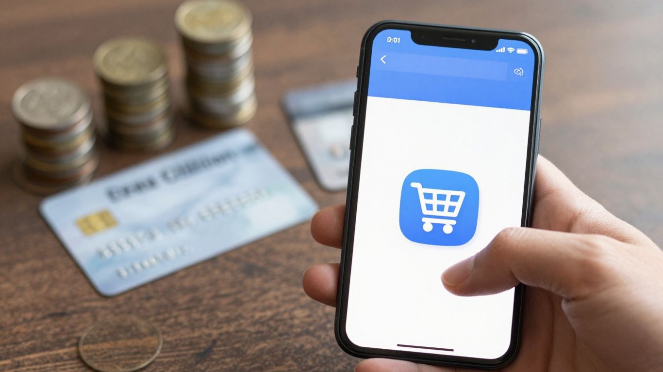 Smartphone with shopping cart and money.