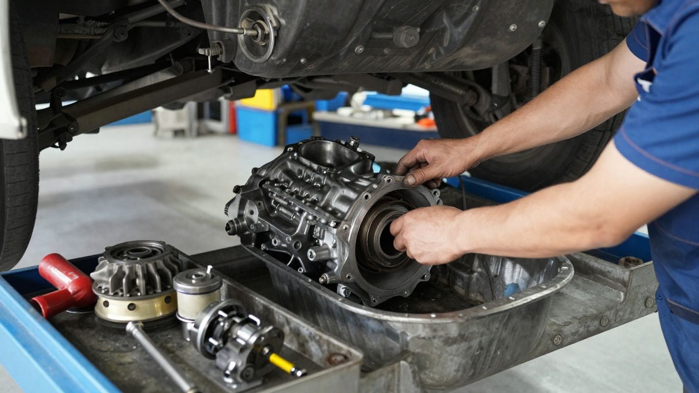 Technician inspecting automatic transmission