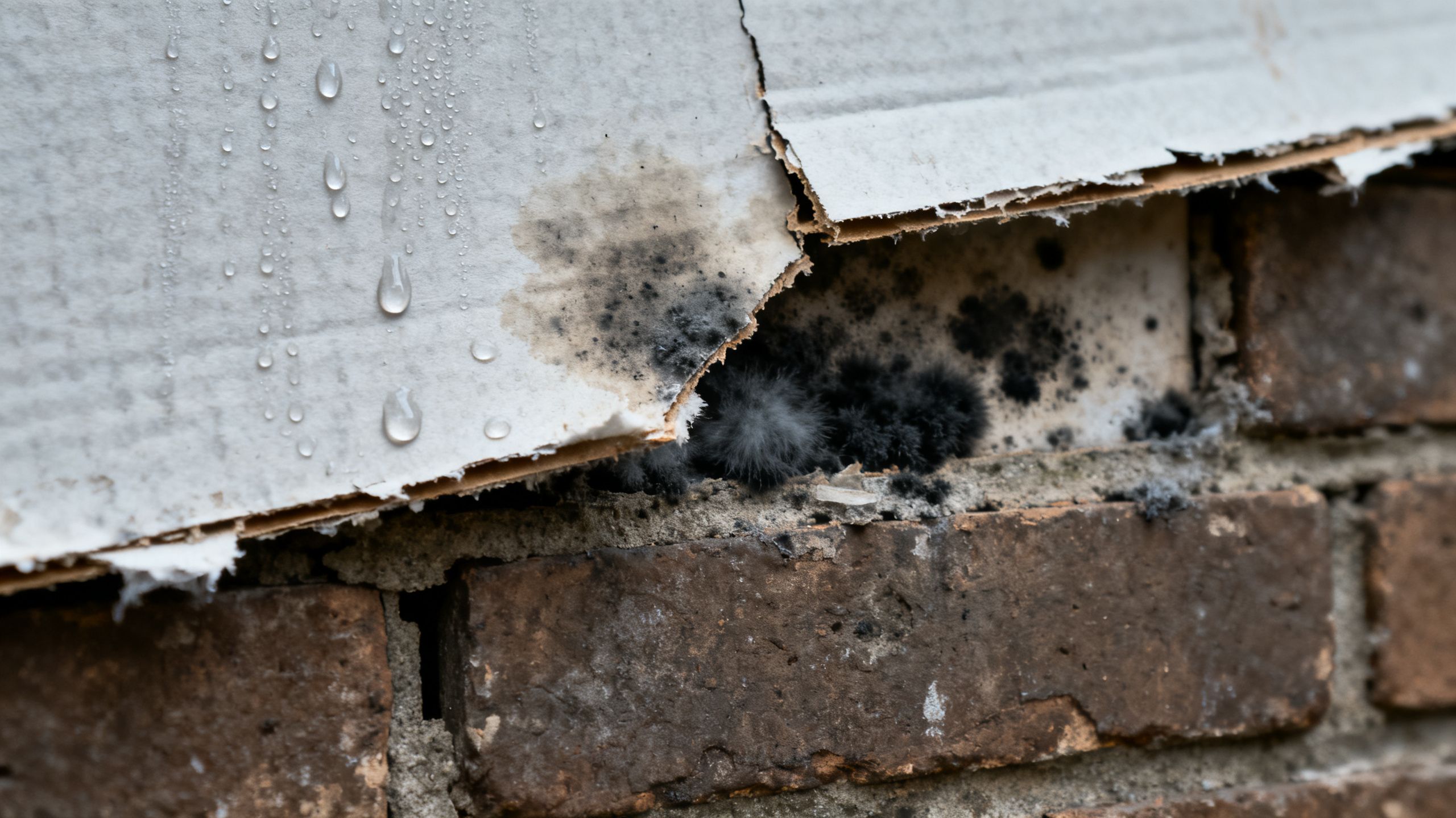 Visible signs of condensation and black mould growth developing behind a segment of poorly fitted insulated plasterboard on a solid masonry wall