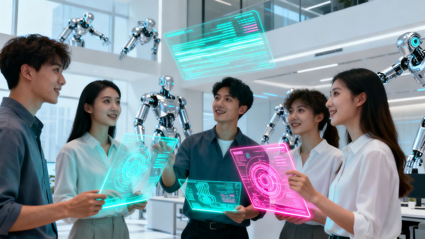 Young professionals using futuristic AI interfaces in an office.