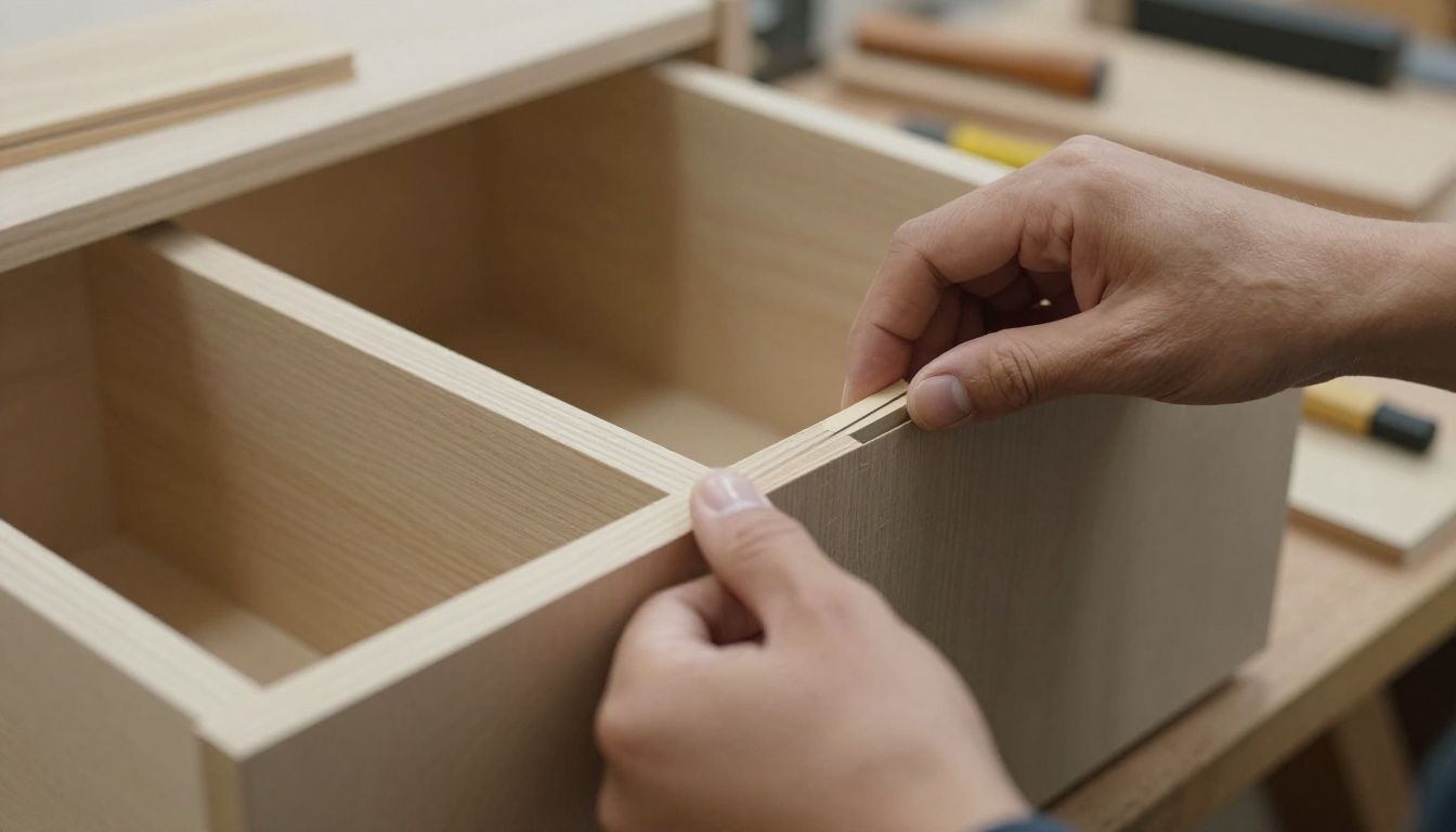 Cabinet maker's hands assembling a custom cabinet drawer.