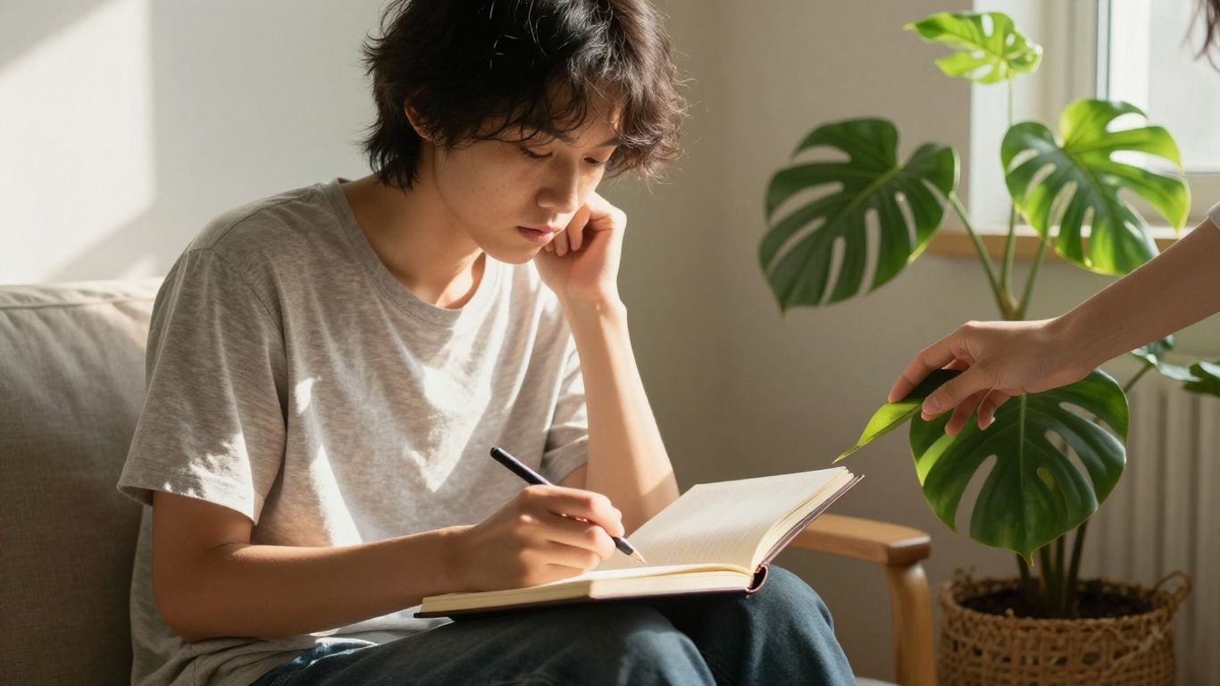 Person journaling peacefully, touching a plant.