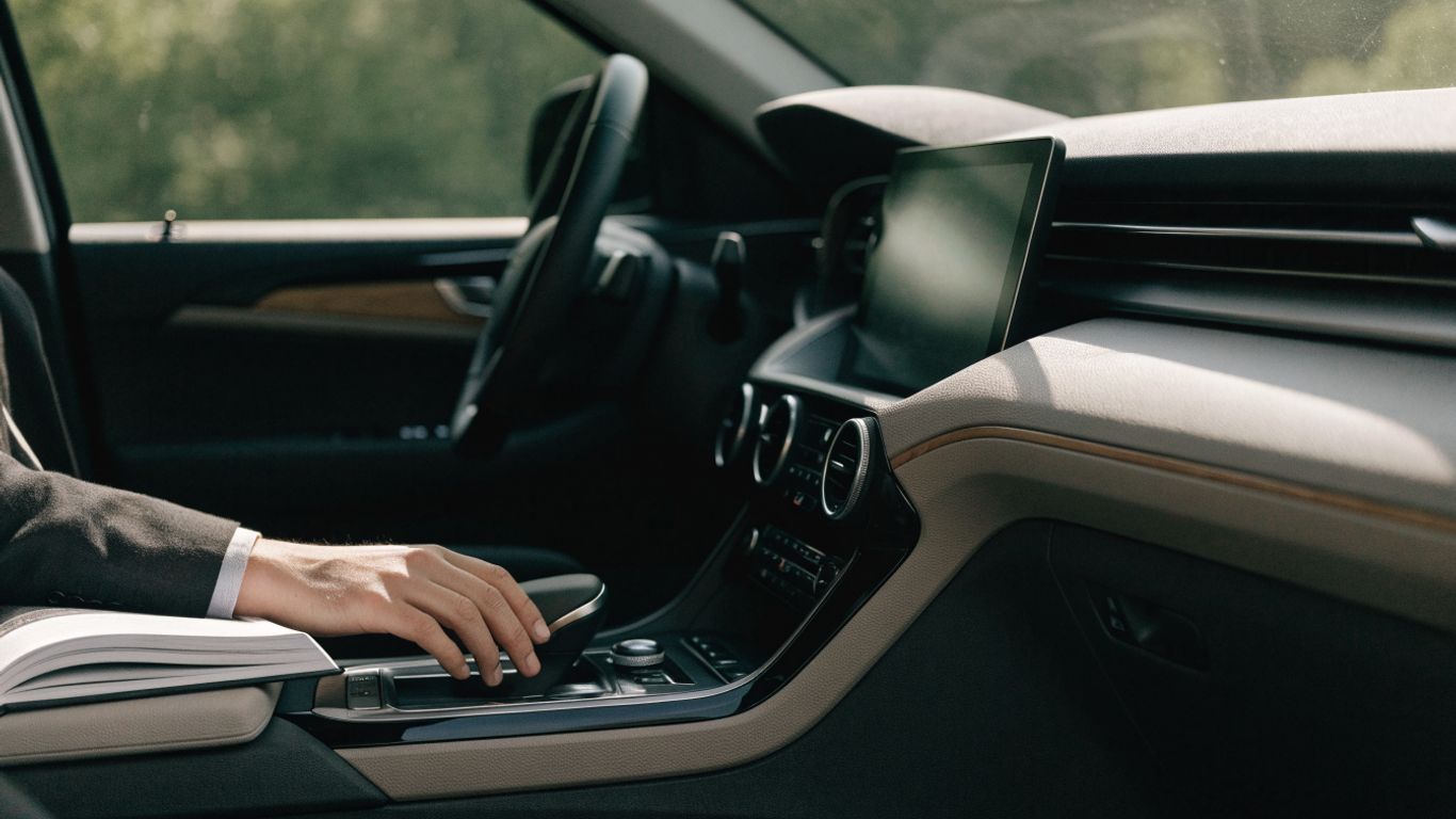 Driver checking vehicle infotainment manual while parked