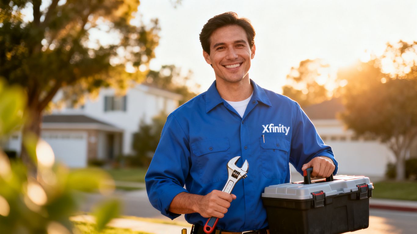 Xfinity technician smiling, holding tools, ready for a career.