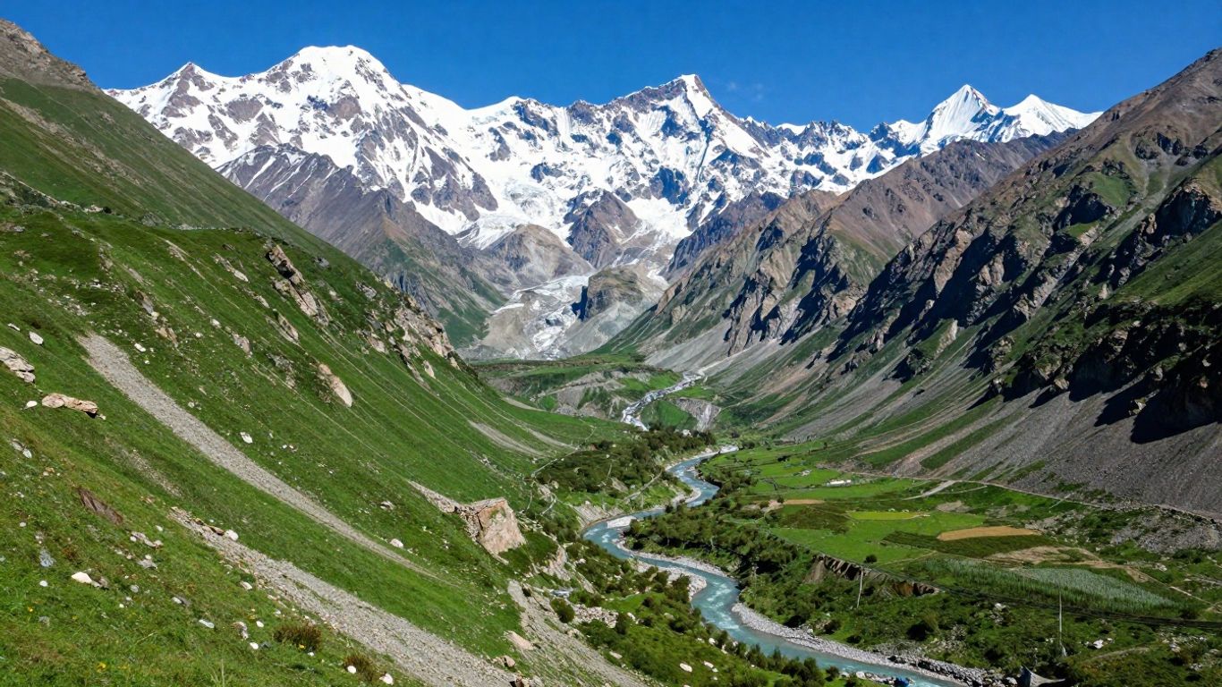 Majestic snow-capped mountains and a winding river in Pakistan.