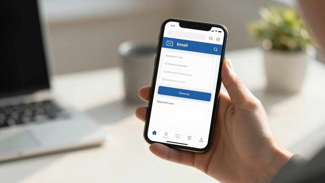 Hand holding smartphone with email interface