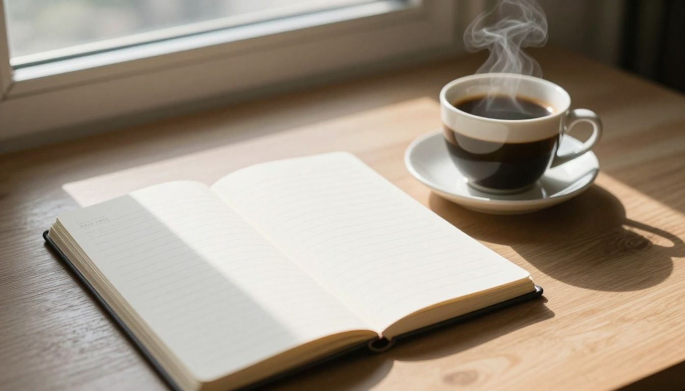 A calm, purposeful morning scene featuring a organized notebook and a cup of coffee on a table, soft morning sunlight streaming through the window, emphasizing clarity and productivity.