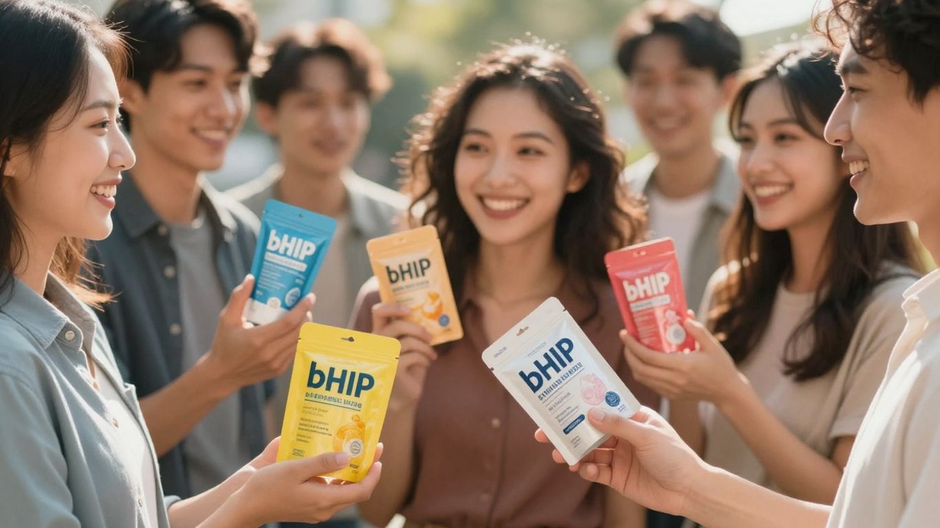 Personas sonriendo con productos bHIP en un día soleado.