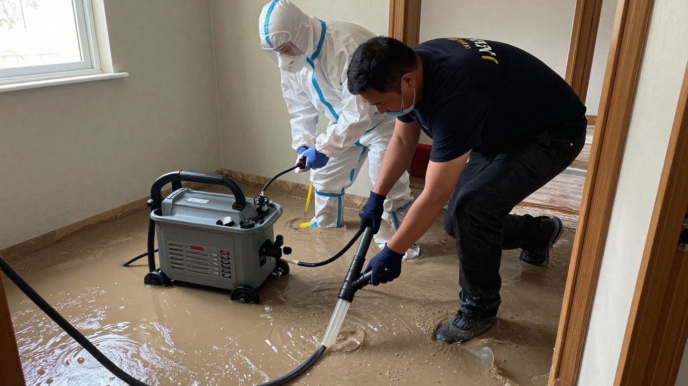 Water damage restoration team cleaning flooded home