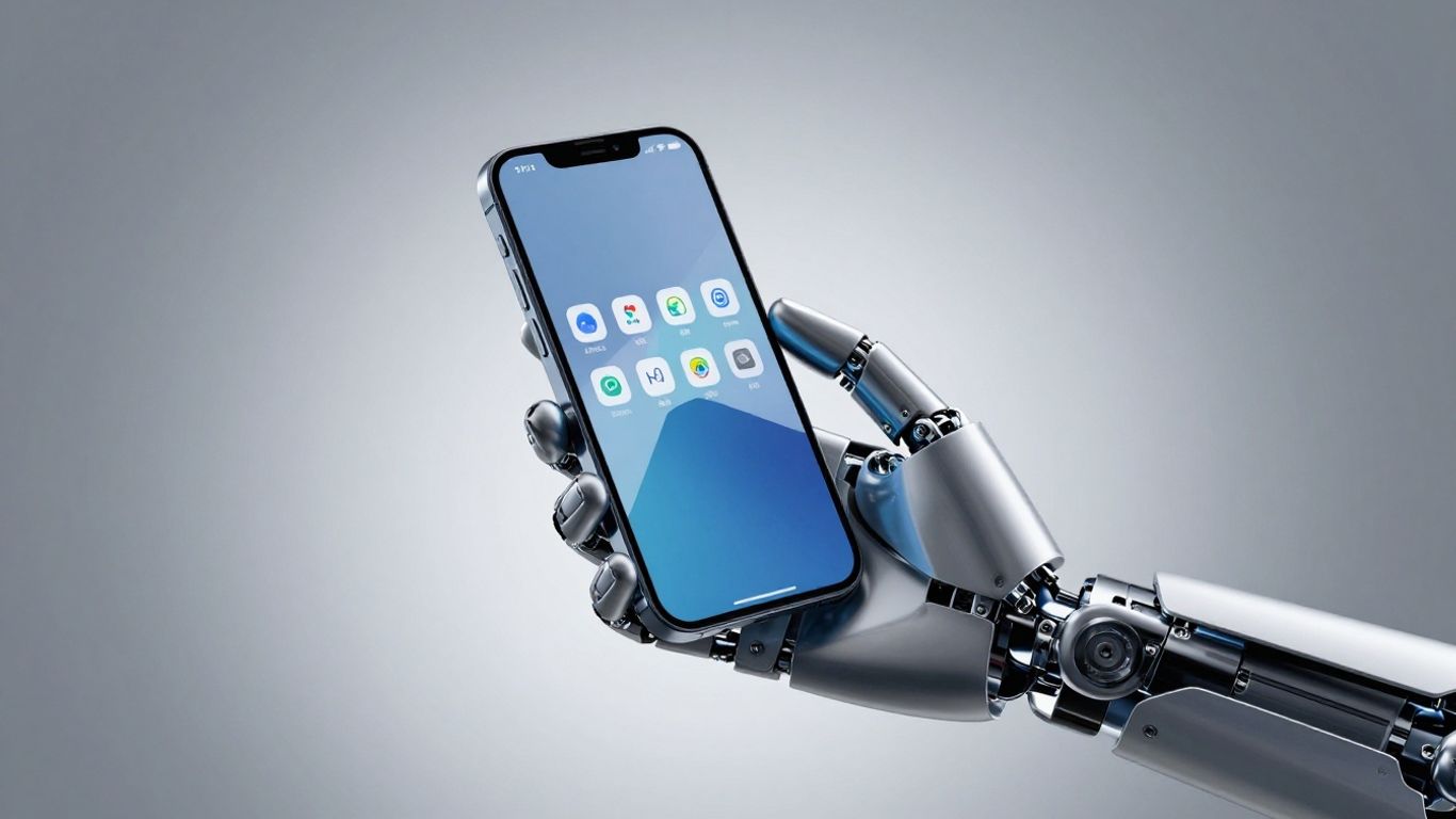 A robotic hand holding a modern smartphone
