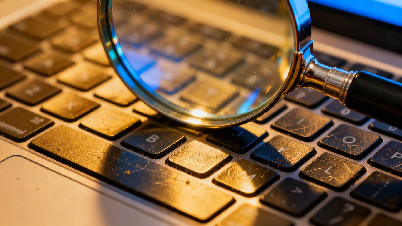 Magnifying glass over laptop keyboard for SEO
