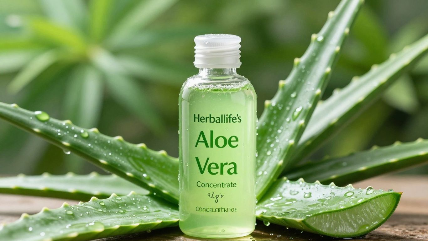 Herbalife Aloe Vera Concentrate with fresh aloe leaves.