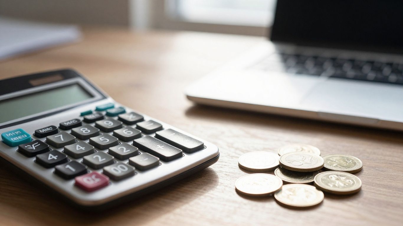 Calculator and coins on a desk.