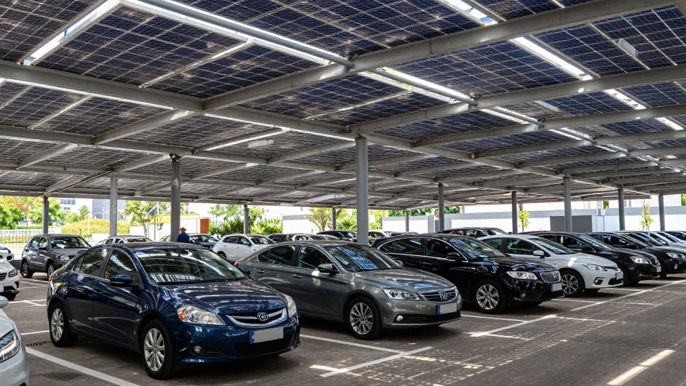 Ombrières photovoltaïques sur un parking moderne.