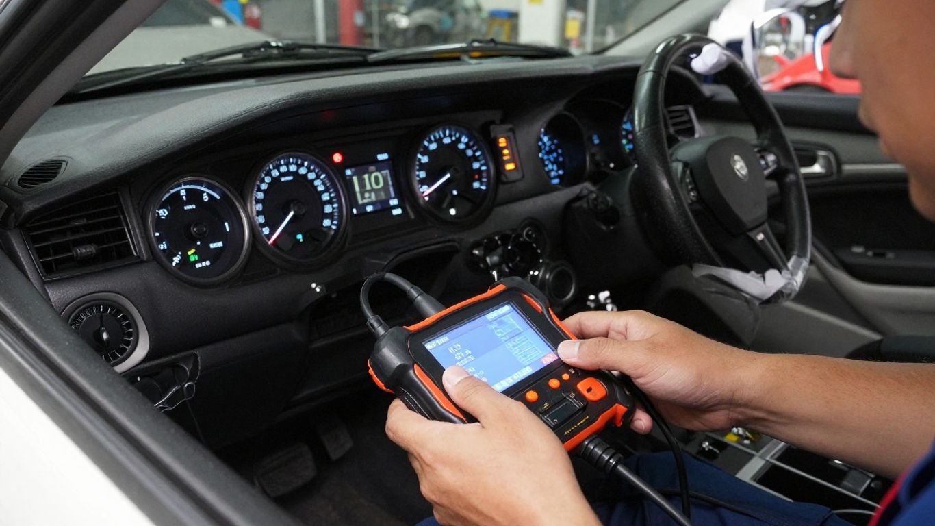Diagnostic scanner connected to vehicle OBD port